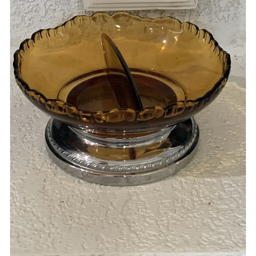 Art Deco Farber Bros. Krome-Kraft Divided Amber Glass Silver Candy Dish Bowl